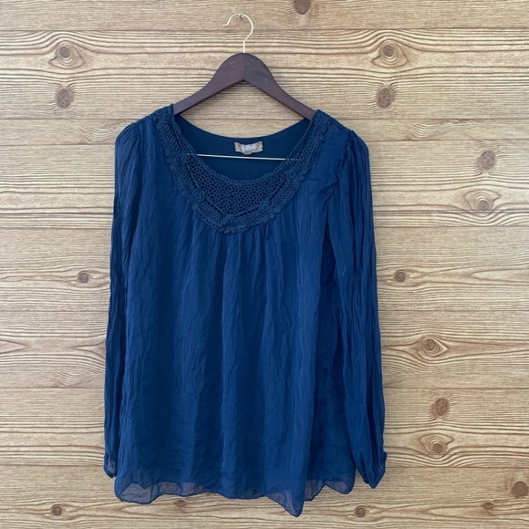 100% SILK MADE IN ITALY LARGE BLUE BLOUSE LACE - Picture 1 of 9
